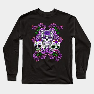 Triple Skull Purple Floral Day Of The Dead Sugar Skulls Long Sleeve T-Shirt